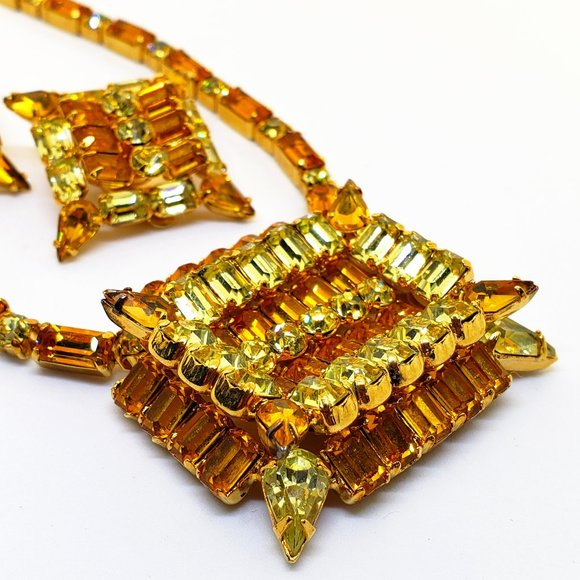 Vintage KRAMER OF NEW YORK Art Deco Yellow Orange Rhinestone Necklace Earrings - Picture 8 of 14